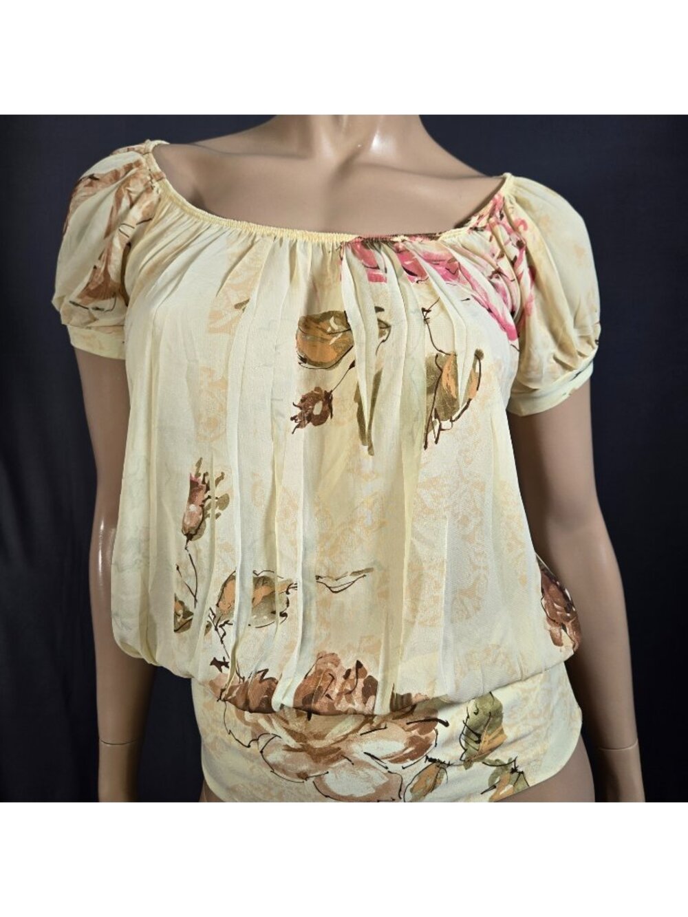 Y2K Butter Yellow Chiffon Top XS Blouson Floral Short Sleeve Blouse Fairy Boho